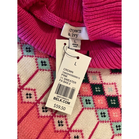 NWT Crown & Ivy Sweater Size Large Measures like 2X Magenta Pink Fair Isle Look - Picture 6 of 10